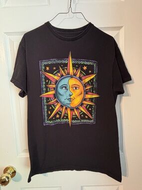 MAD Engine Black Sun & Moon Graphic Tee with Yellow and Teal Design